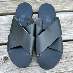 Simatis Black Leather Flat Slides Sandals Handmade in Greece Minimalist 42 11